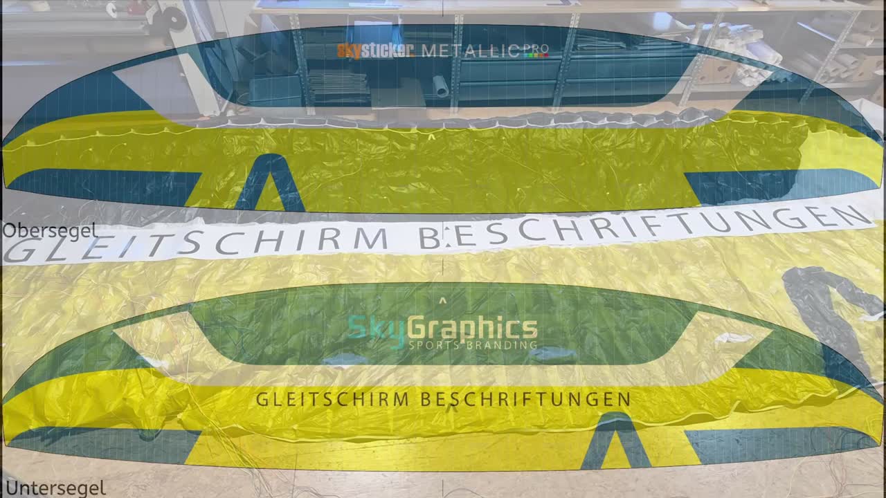SkyGraphics Werkstatt: Gleitschirm wird beschriftet